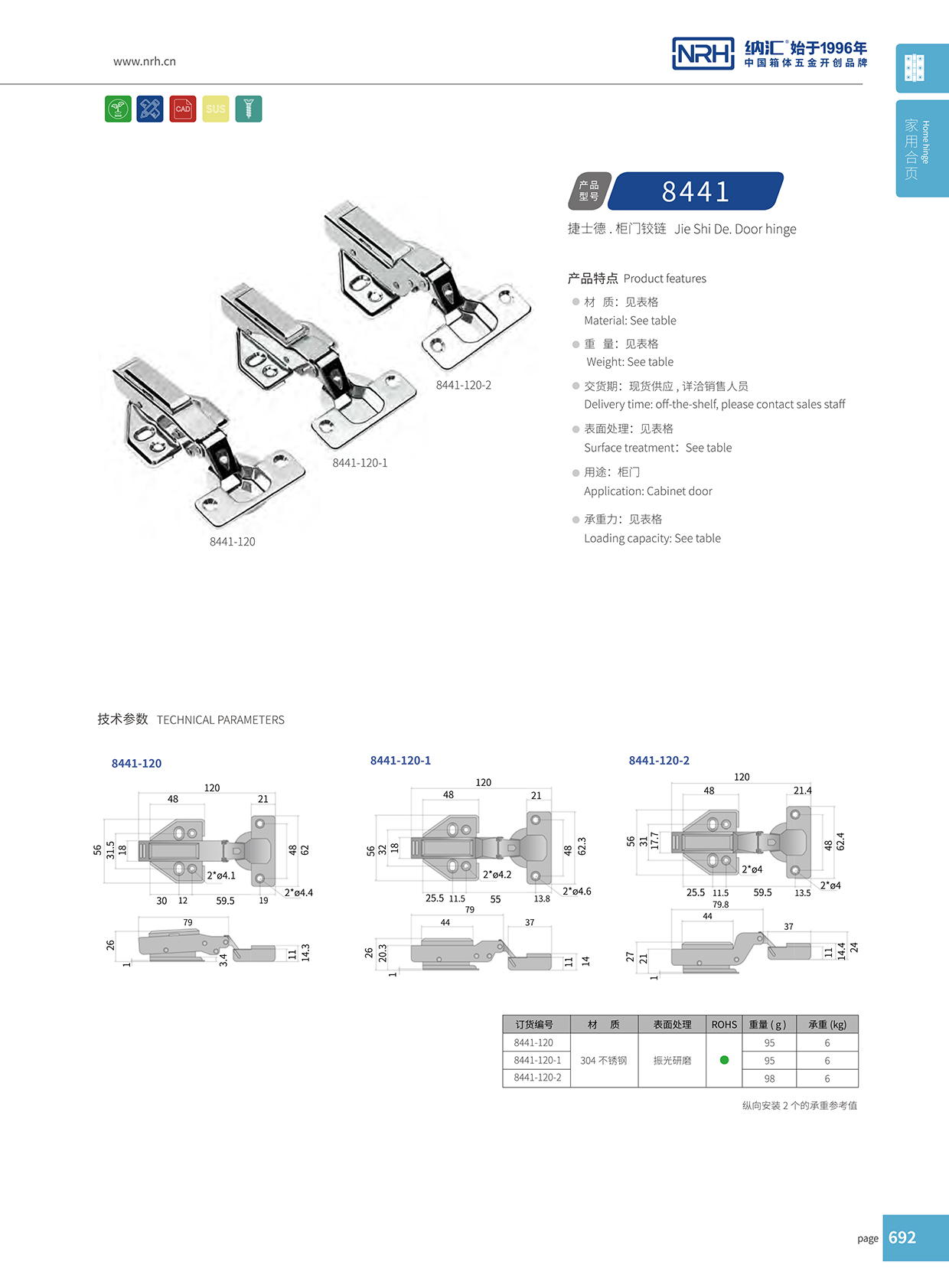 納匯/NRH 8441-120 外露式合頁